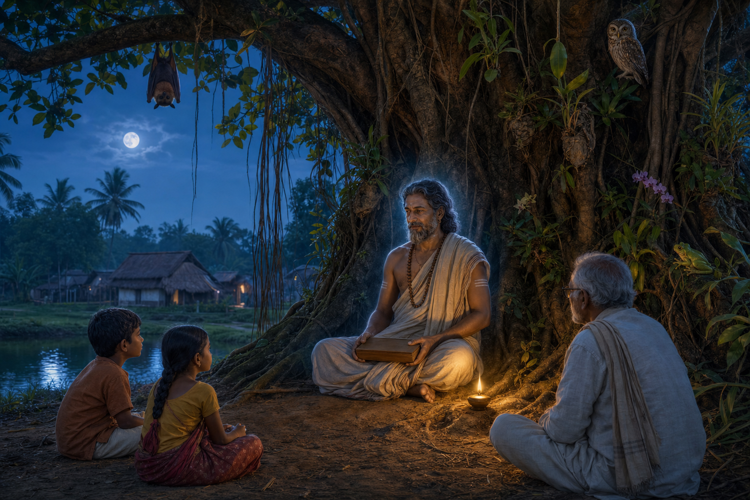 A calm, scholar-like guardian sits beneath a banyan with a closed manuscript while an elder and two children listen nearby among nocturnal grove wildlife.