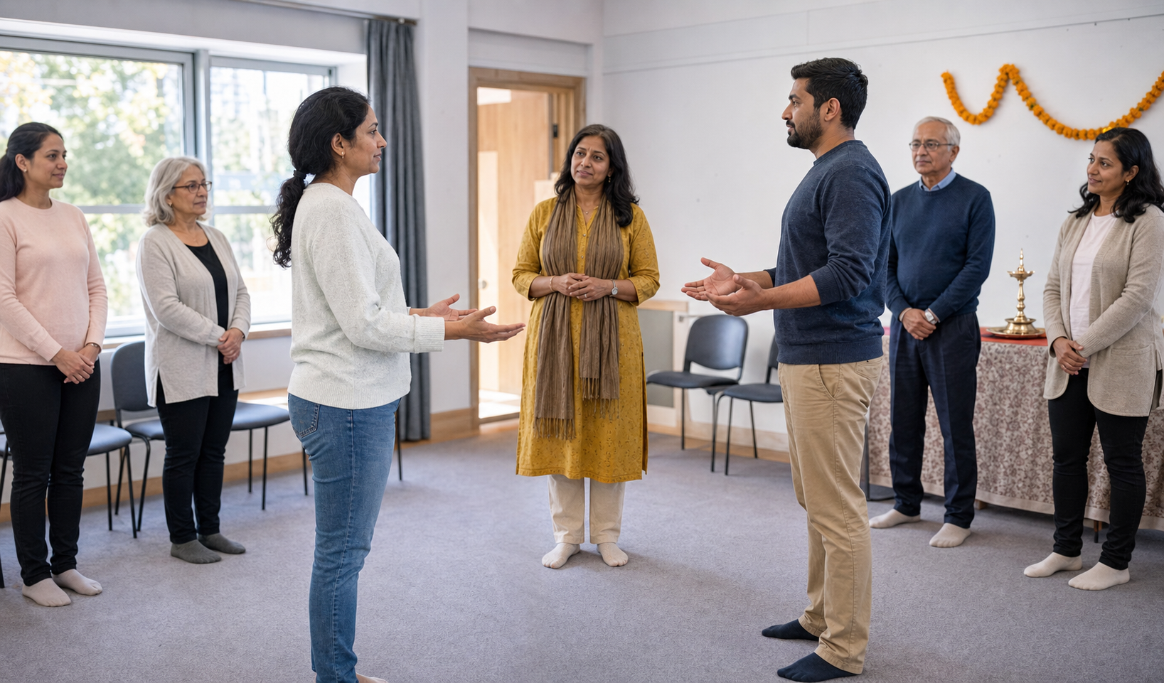 A volunteer facilitator demonstrates calm listening and open body language during a de-escalation training session.