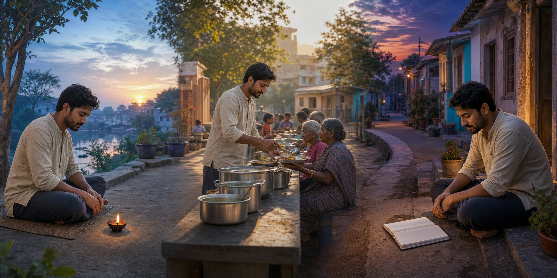 The same person meditates beside an oil lamp at sunrise, serves food during the day, and reflects with a blank notebook at dusk.