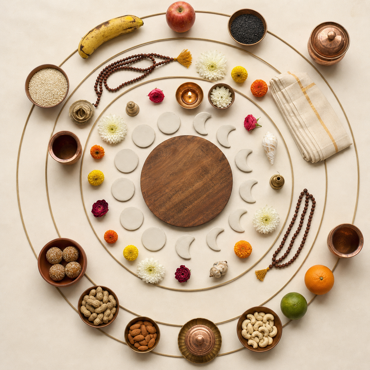 Moon-shaped clay discs, worship items, prayer beads, folded cloth, fruit, sesame, and a copper cup are arranged in orderly rings around a wooden board.