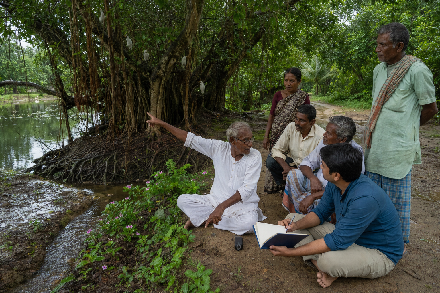 Village residents discuss an old banyan and nearby water channel with a local documentarian as birds and plants occupy the grove around them.