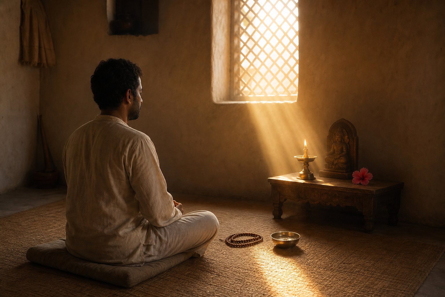 A practitioner meditates on a woven mat before a simple home altar with prayer beads, an oil lamp, water, and one flower.