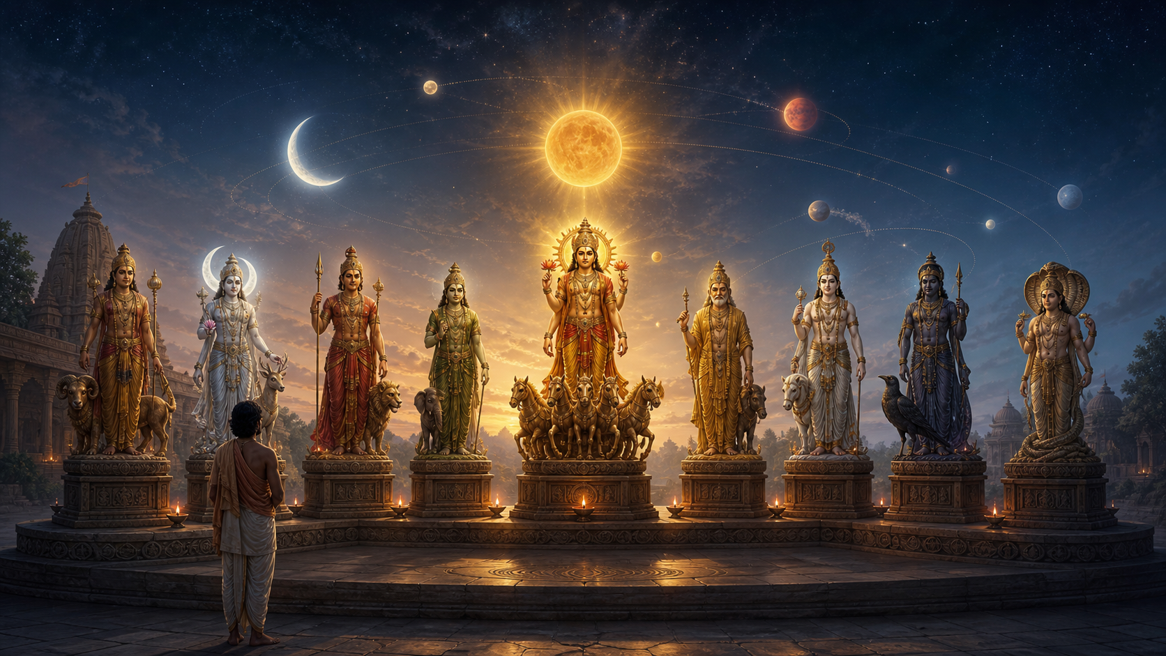 A devotee faces nine planetary deity figures on separate pedestals in a lamp-lit temple courtyard beneath the sun, moon, luminous orbs, and stars.