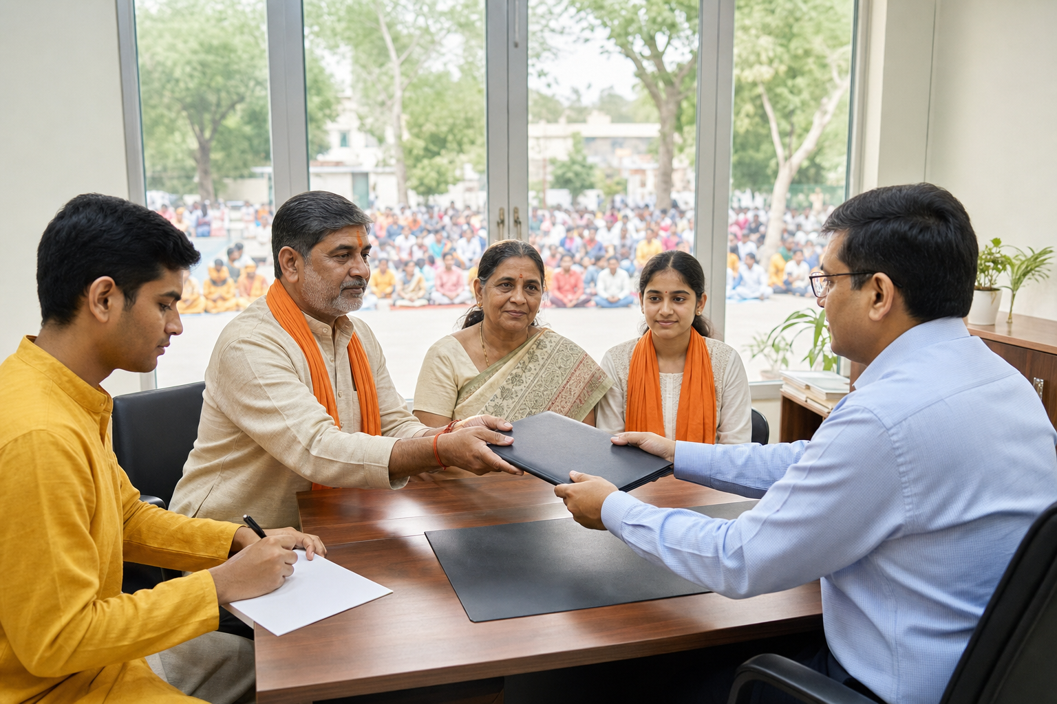 A community delegation hands an unmarked proposal folder to a civic official while a peaceful gathering remains visible outside.