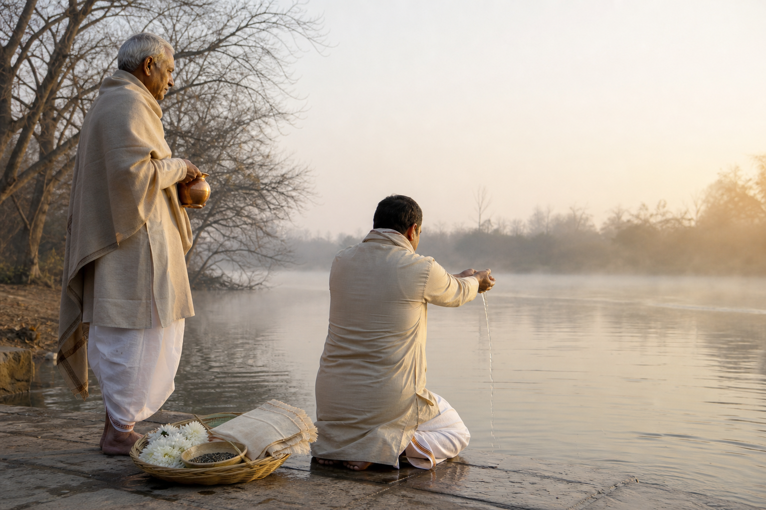 A householder offers water at a misty riverbank while an older relative holds a copper vessel beside a basket of flowers, sesame, and folded cloth.