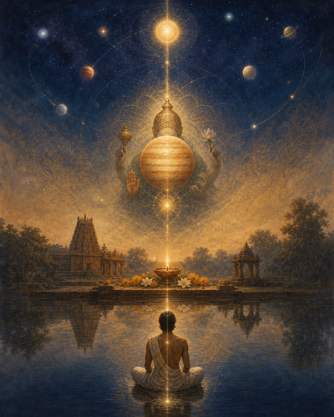 A luminous orb, a sacred figure, a temple offering, and a meditating person are connected by golden light in a layered cosmological scene.
