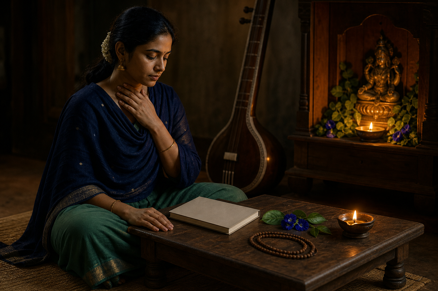 A woman pauses at a low desk beside a closed blank notebook, prayer beads, an oil lamp, flowers, and a classical string instrument.