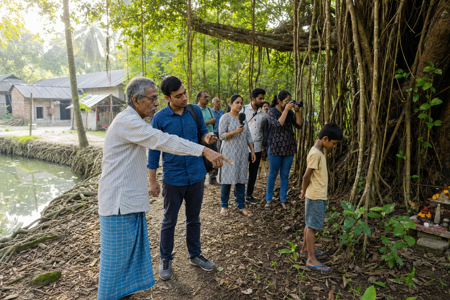 Community guides lead a small documentation walk around a banyan grove while participants record sounds, photograph a branch, and observe seedlings.