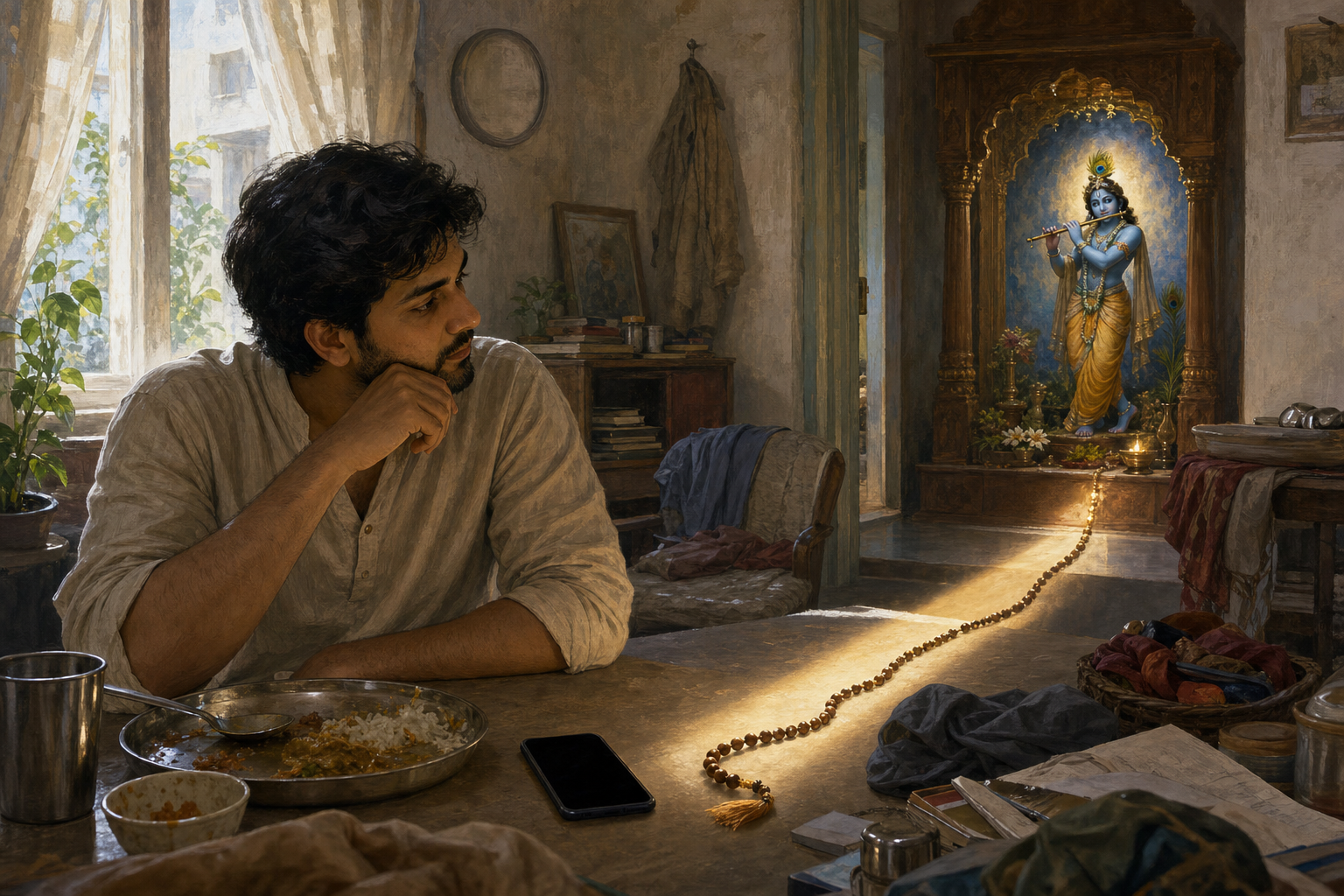 A distracted devotee stands among household objects while prayer beads and a beam of light lead the eye back to a small shrine depicting Krishna.