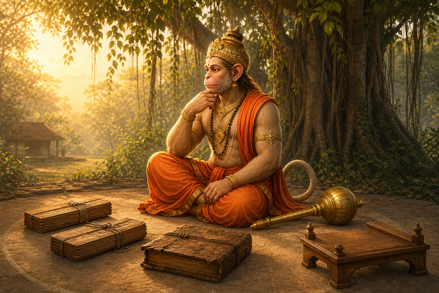 Hanuman sits in a forest hermitage beside closed palm-leaf bundles and an aged manuscript in warm dawn light.