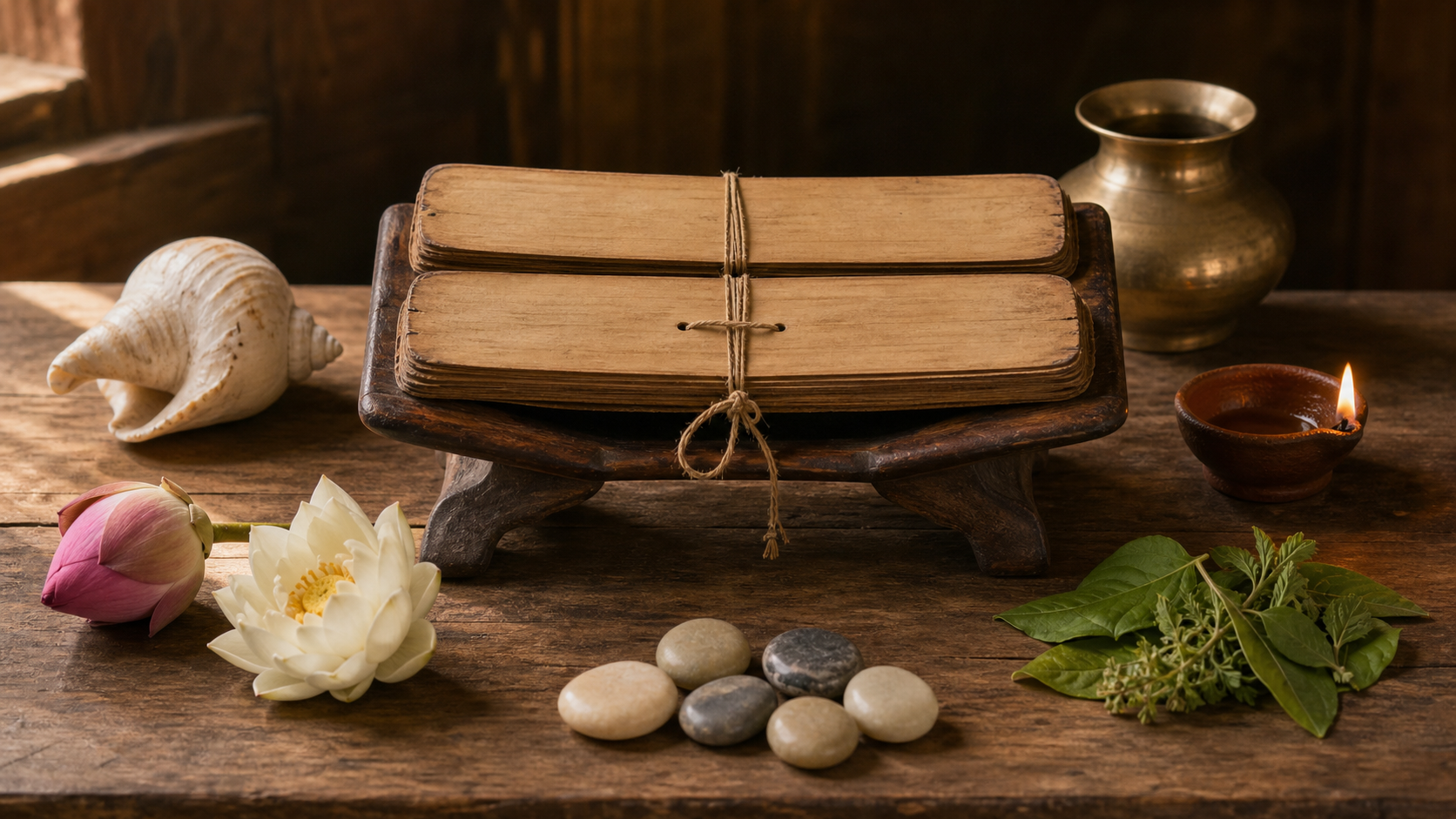 Palm-leaf folios on a wooden reading stand surrounded by a lotus, conch, lamp, vessel, leaves, and counting stones in warm light.