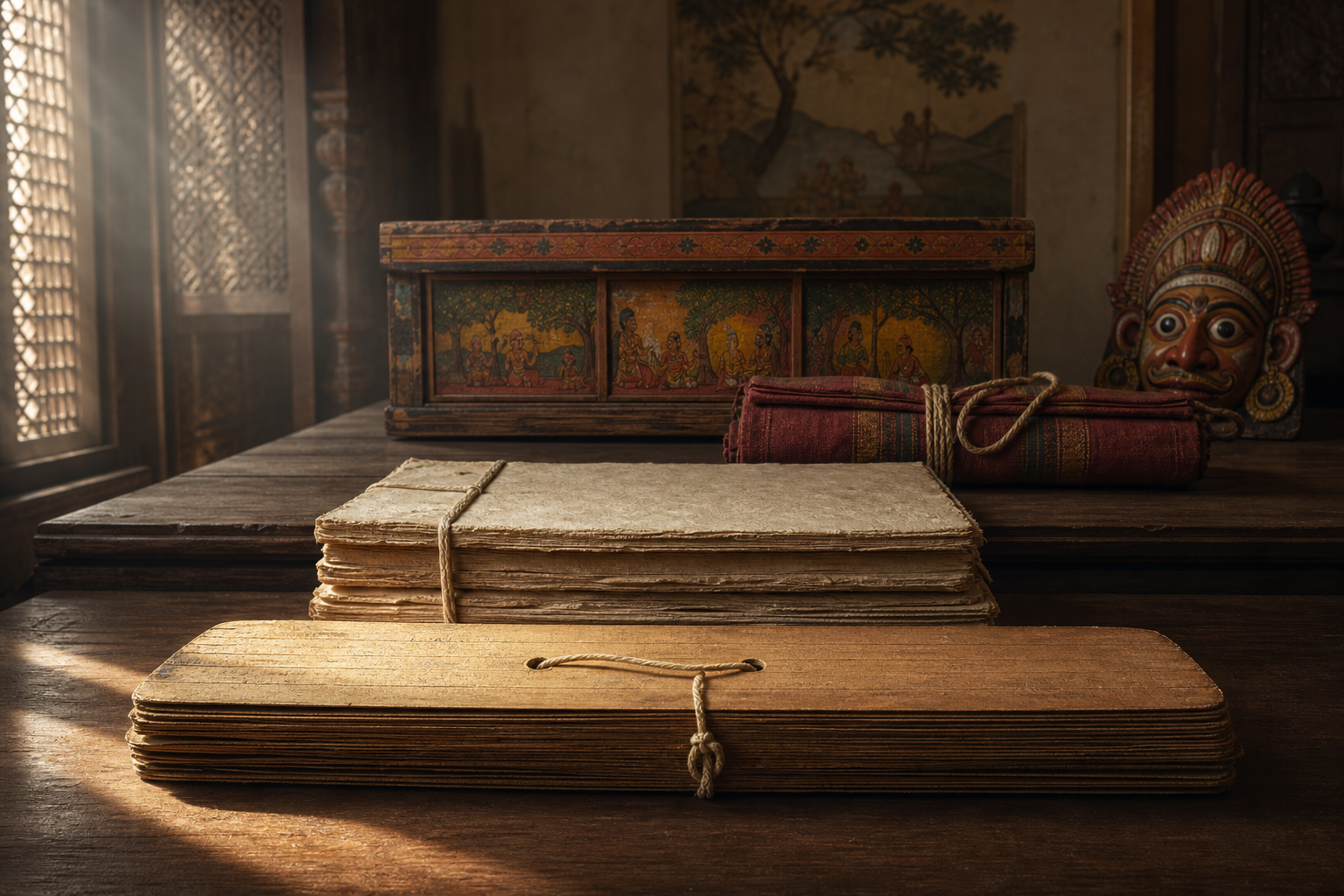 A palm-leaf manuscript, a paper codex, a cloth-wrapped manuscript bundle, a storyteller's box, and a performance mask are arranged in receding layers.