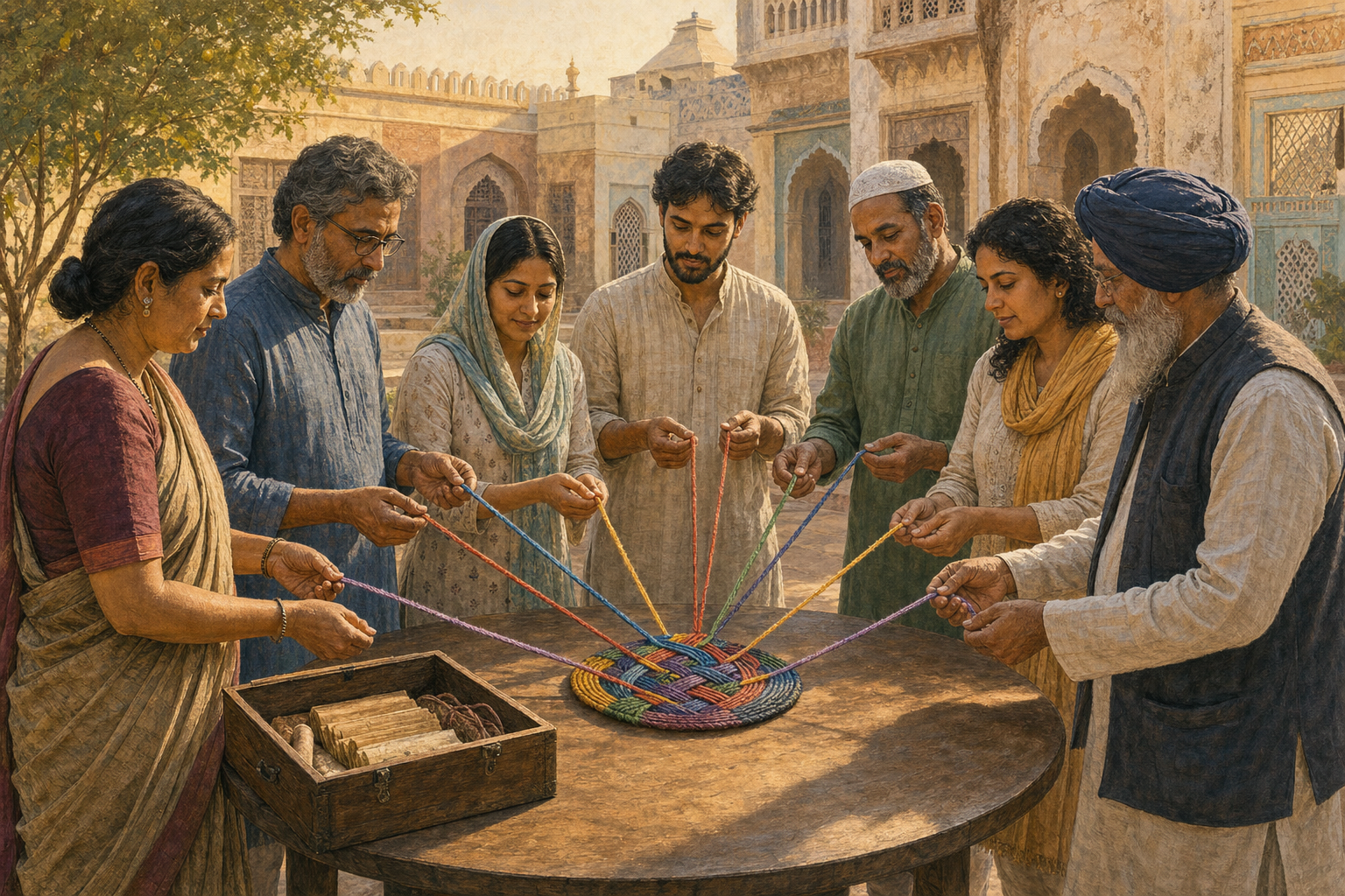 A diverse group of Indian adults in a sunlit courtyard separates five colored threads from an archival box and weaves them into one fabric around a round table.