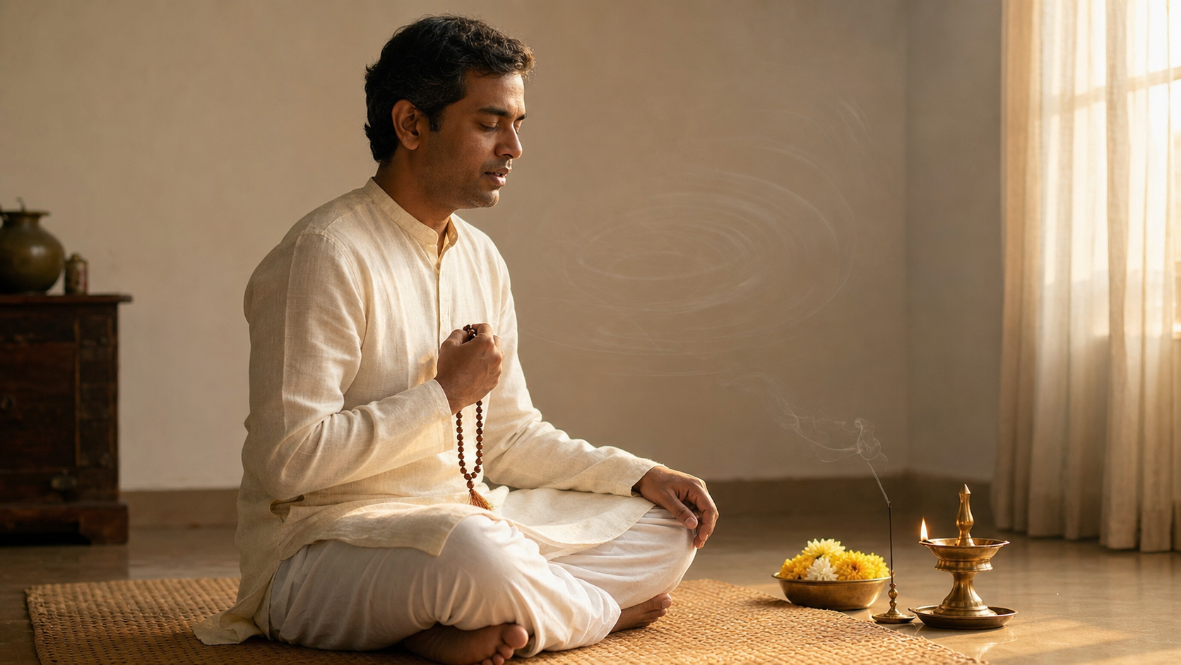 A seated practitioner chants while holding wooden prayer beads in a simple dawn-lit prayer corner.