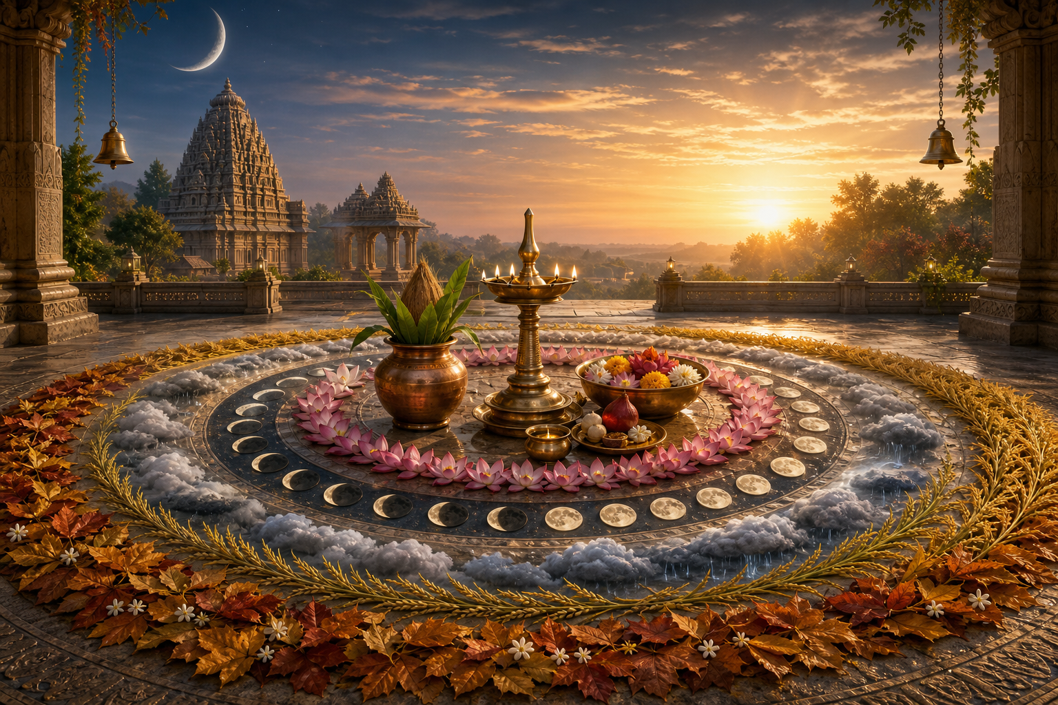 A brass oil lamp and ritual offerings in a temple courtyard surrounded by circular motifs of lunar phases and changing seasons at sunrise.