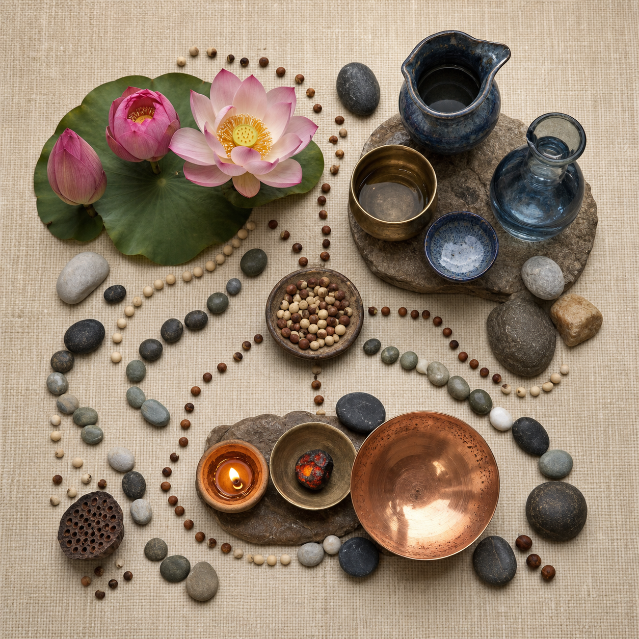 Overhead arrangement of lotus forms, water vessels, fire objects, seeds, and stones grouped into connected families on a woven mat.