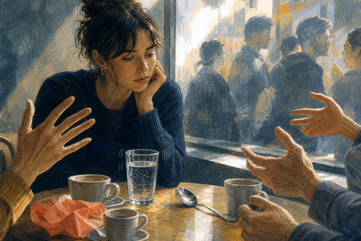 A thoughtful adult sits in a busy cafe beside a vibrating glass, clustered cups, bright window glare, and layered reflections.