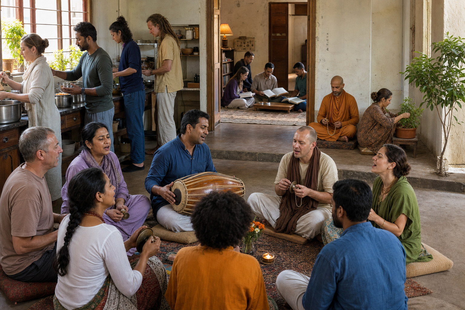 A devotional community chants, studies, meditates, tends a sacred plant, and prepares vegetarian food in a modest centre.