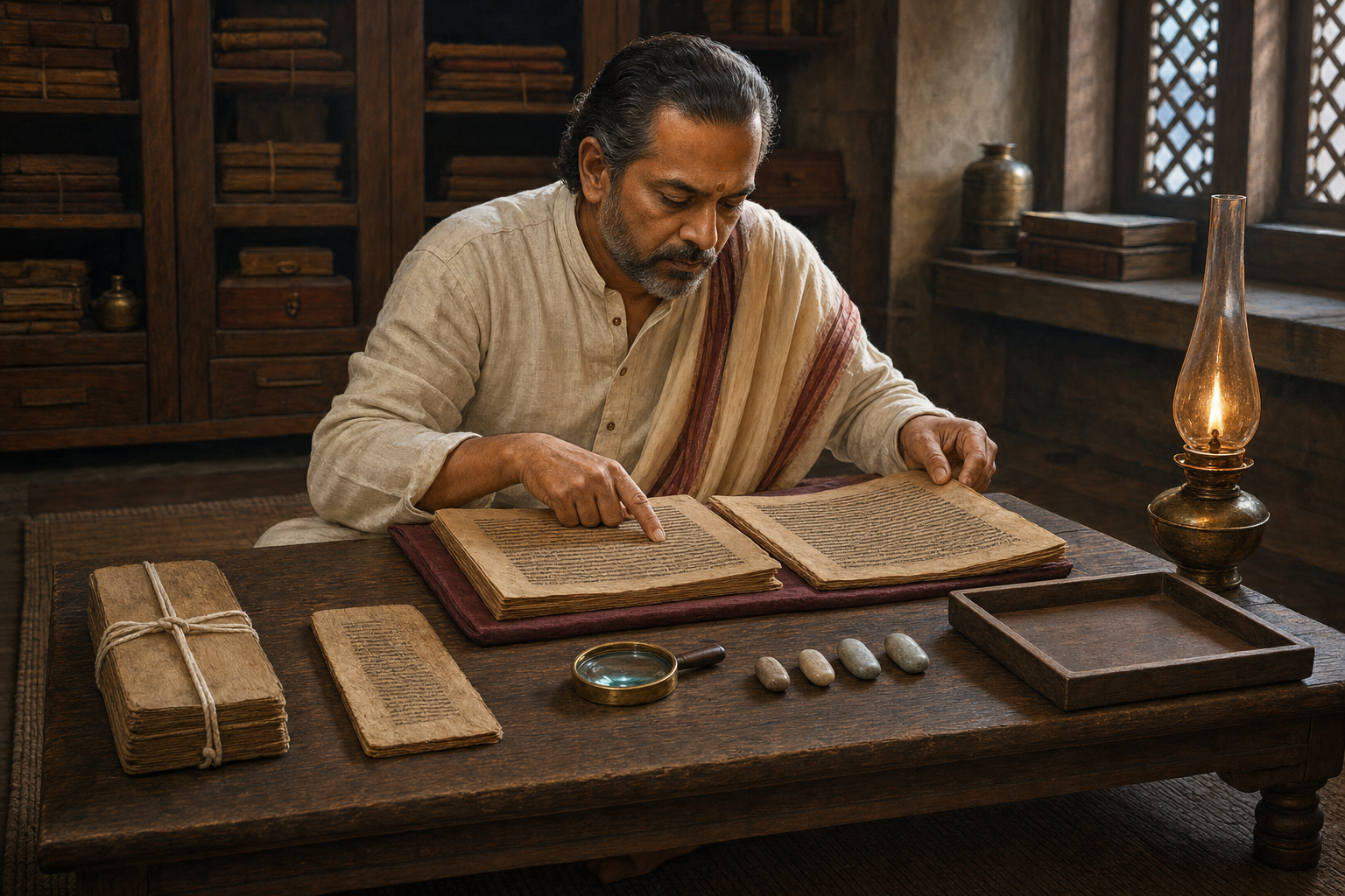 A scholar compares manuscript folios at a wooden desk beside a magnifying lens, counting stones, a manuscript bundle, and an archival tray.