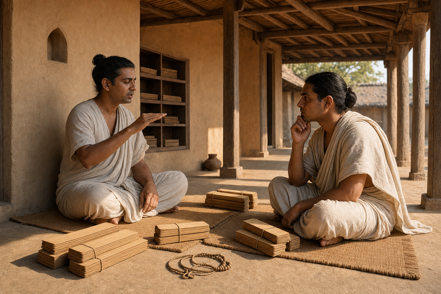 Two seated scholars practice rhythmic oral recitation beside bundled palm-leaf folios under a shaded veranda.