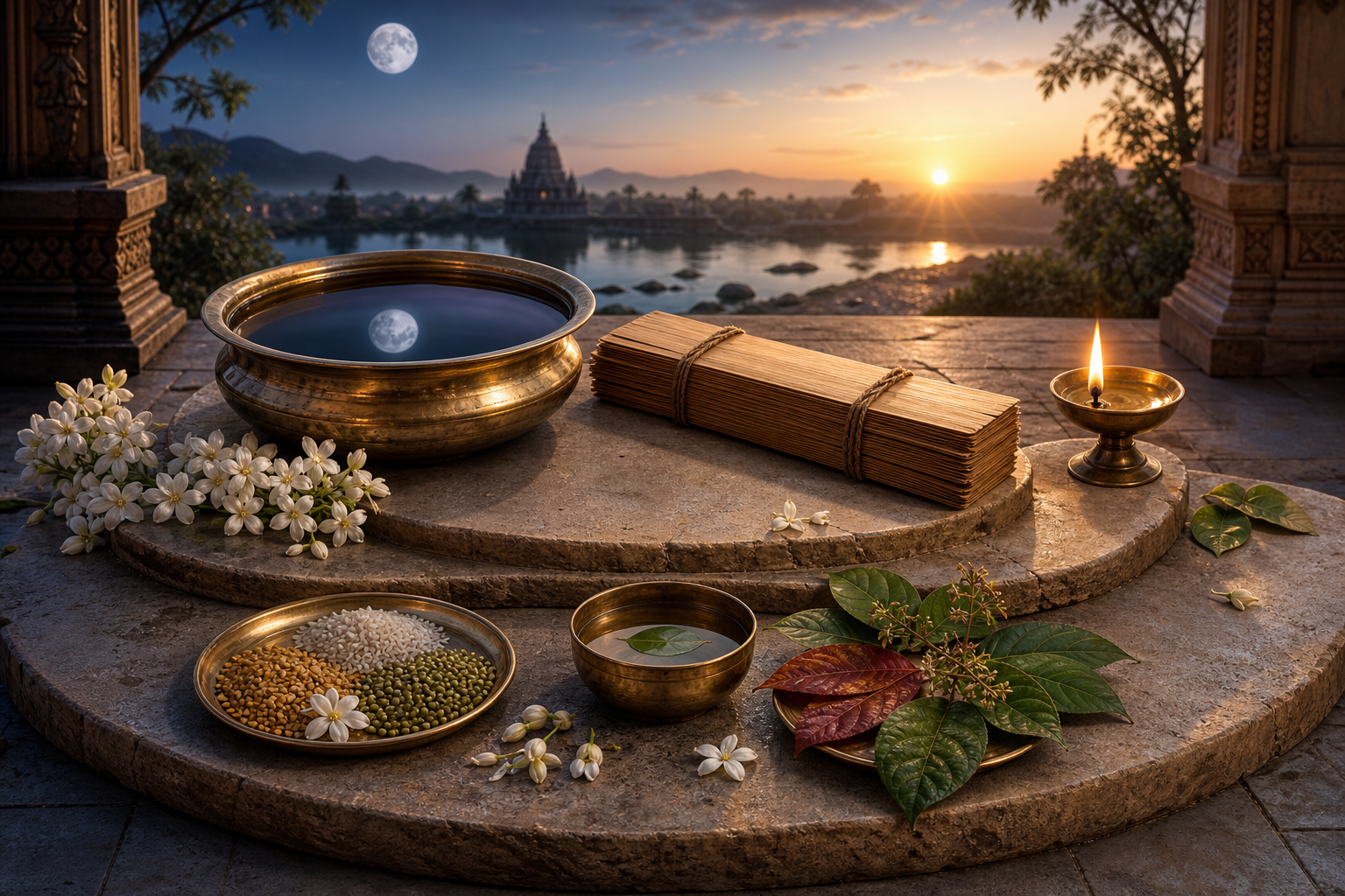 Ritual objects, an unmarked palm-leaf bundle, moonlit water, seasonal leaves, and a dawn landscape arranged on layered stone terraces.