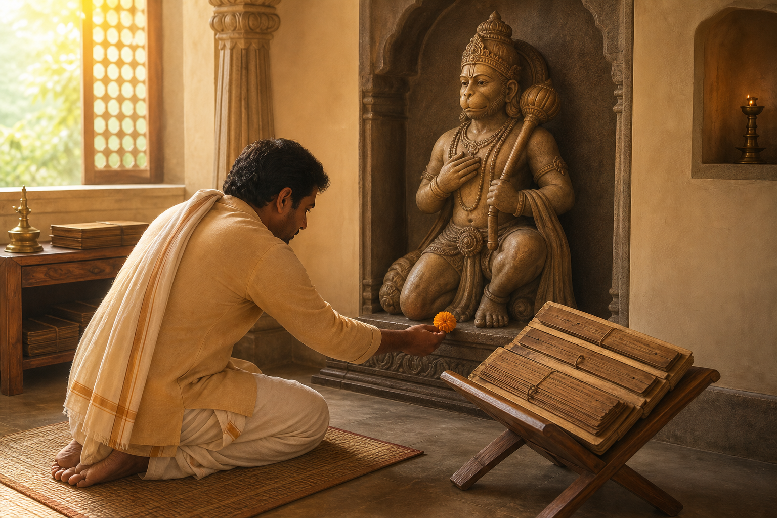 A devotee offers a marigold before an image of Hanuman while preserved palm-leaf manuscripts rest on a nearby wooden stand.