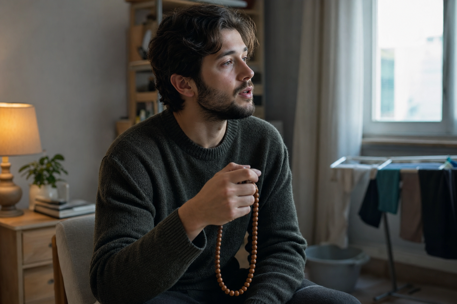 A practitioner moves prayer beads while chanting, but looks distractedly toward a window and household objects.