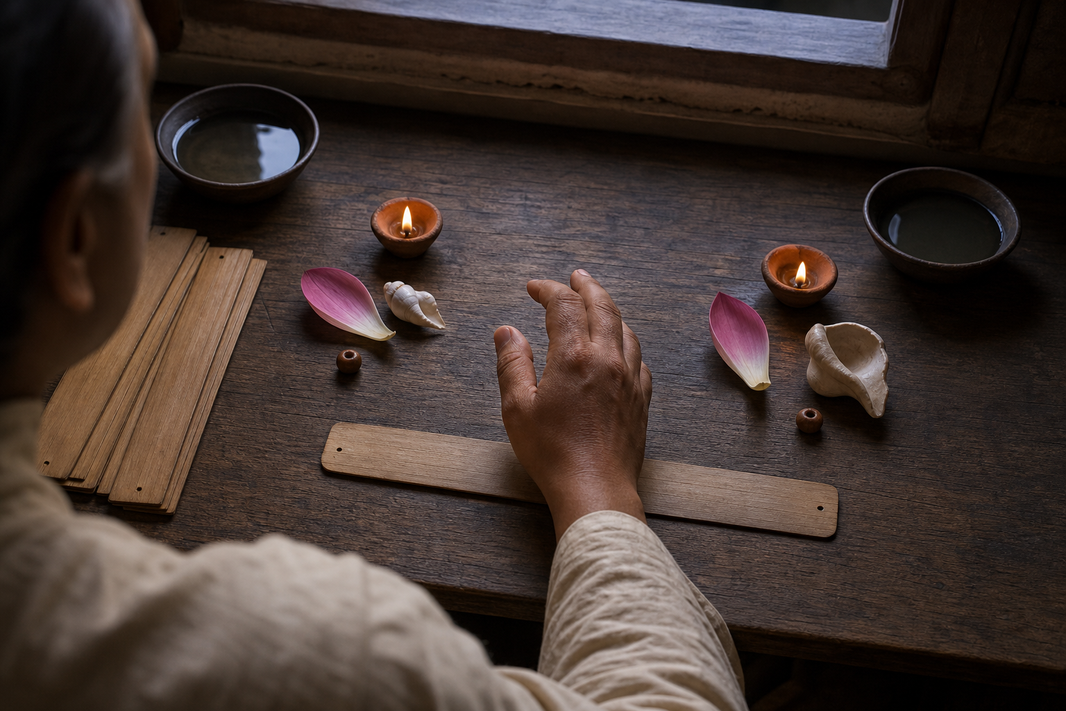 A scholar compares palm-leaf folios with a lotus petal, shell, bead, lamp, and water bowl arranged in alternative groups.