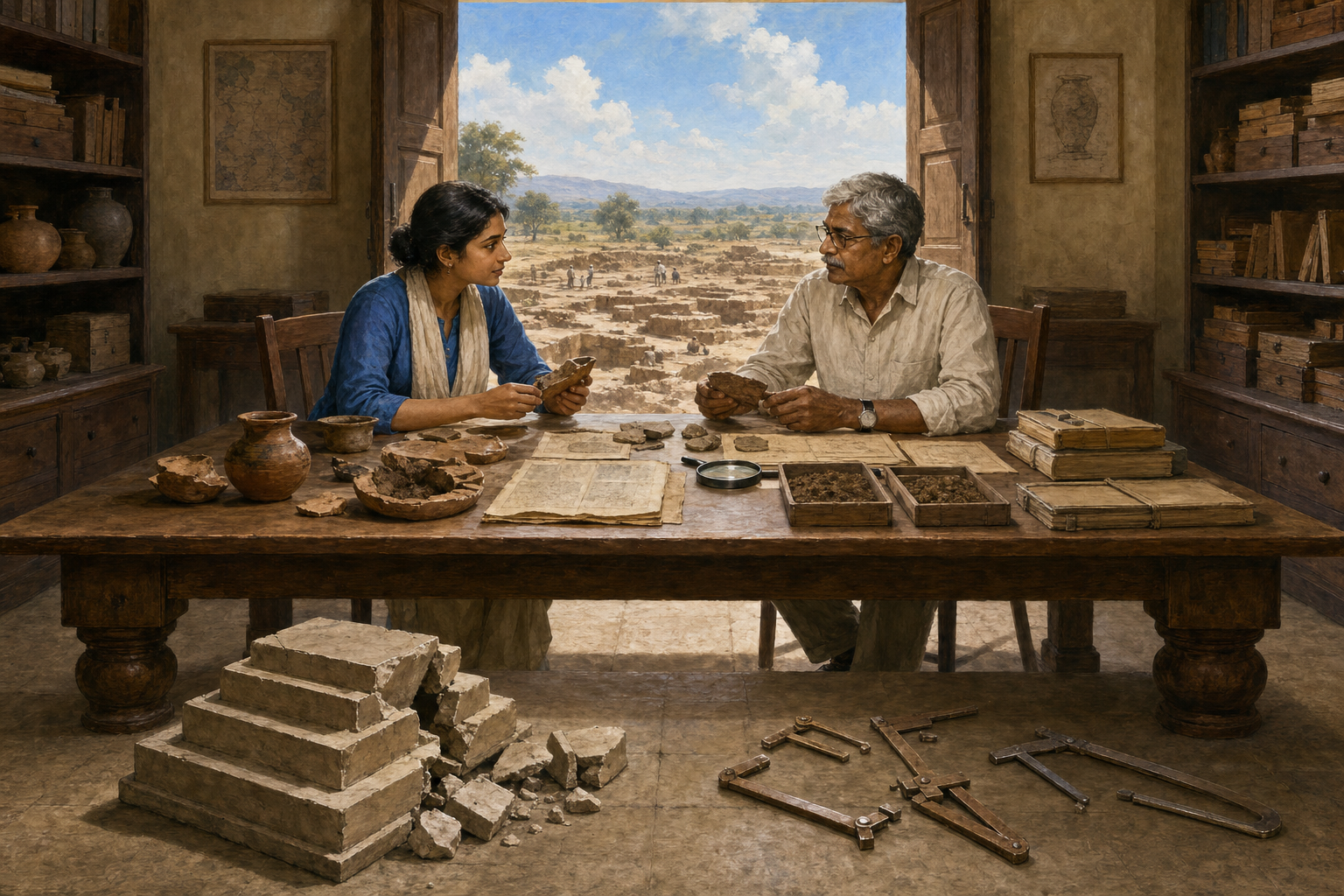 Two researchers examine archaeological materials as equals in an archive, while a broken stepped pedestal and measuring calipers lie unused on the floor.