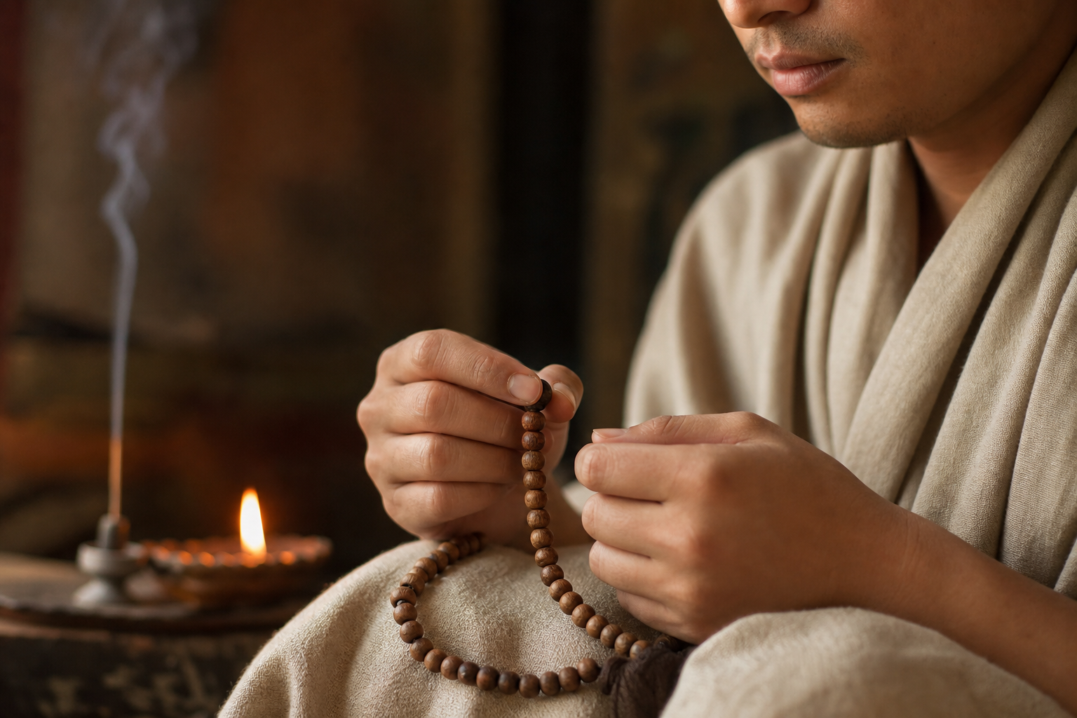 Close-up of a practitioner moving one wooden prayer bead at a time during calm recitation.