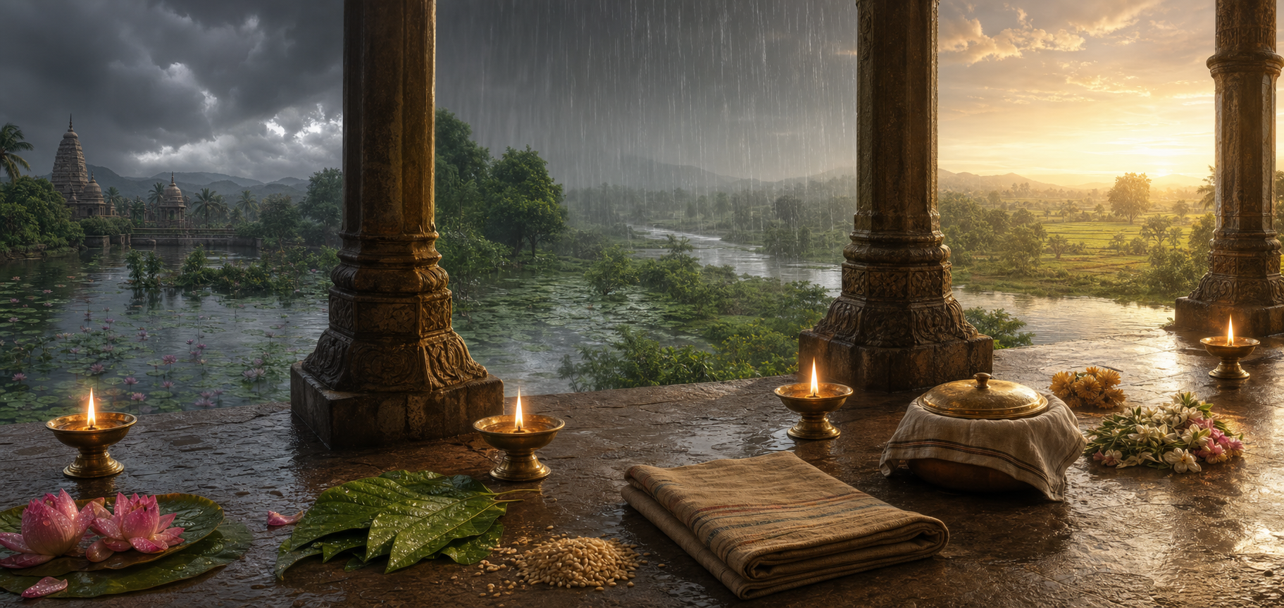 A temple veranda changes through four stages of the monsoon, with brass lamps and seasonal offerings marking a continuing observance.