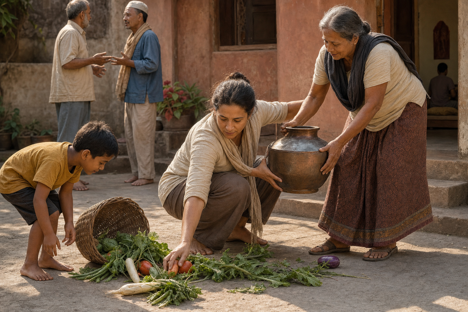 A calm practitioner helps an older neighbor carry a water vessel while gathering vegetables spilled by a child in a busy courtyard.