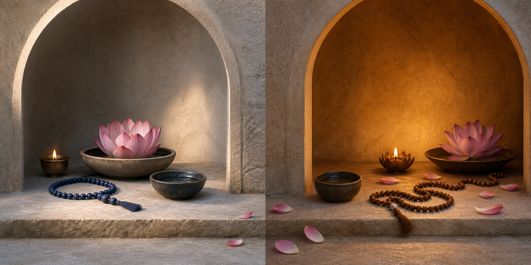Two facing stone alcoves contain similar lotuses, lamps, bowls, and beads arranged in visibly different patterns.