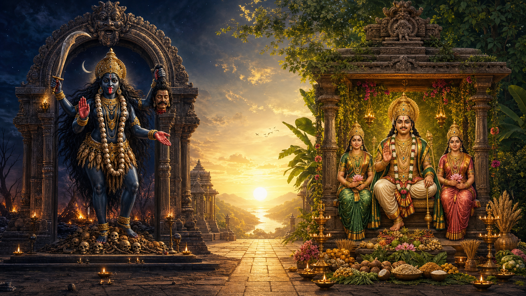 Kali and Adhi Maha Sastha occupy separate shrine thresholds connected by a lighted path, with Purna and Pushkala seated beside Sastha.
