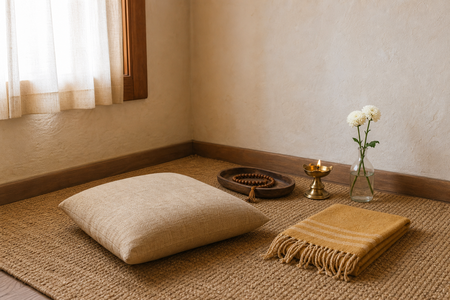 A simple home practice corner contains a cushion, folded shawl, wooden prayer beads, a brass lamp, and fresh flowers.