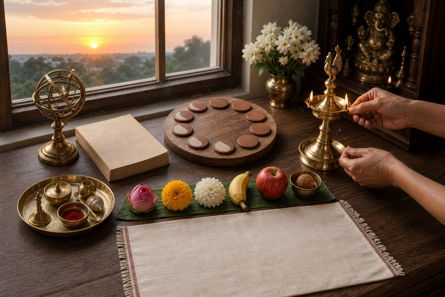Hands arrange a household shrine with an unmarked almanac, clay moon discs, ritual implements, six offerings, and a meditation mat in morning light.