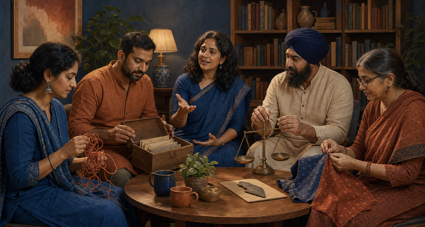 Five people hold a calm library discussion while separating a thread, opening an archive box, balancing a scale, setting down a shard, and joining two pieces of cloth.