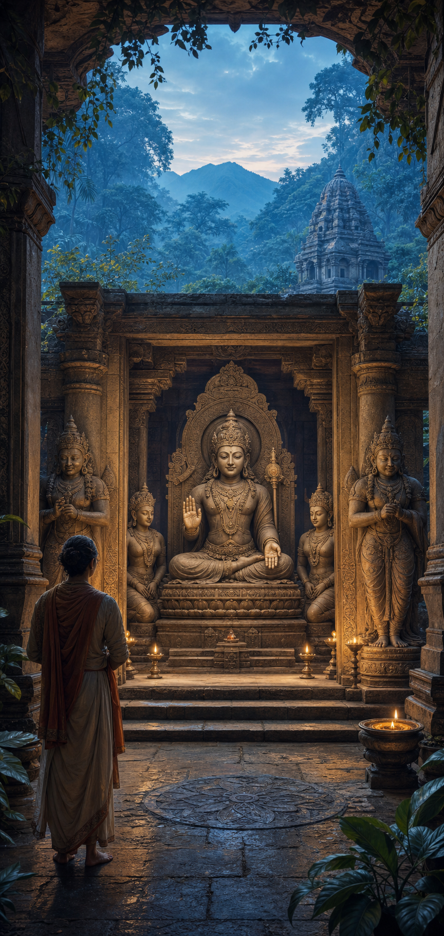 A visitor observes the setting, posture, companions, implement, and hand gestures of a guardian deity inside a stone sanctuary.
