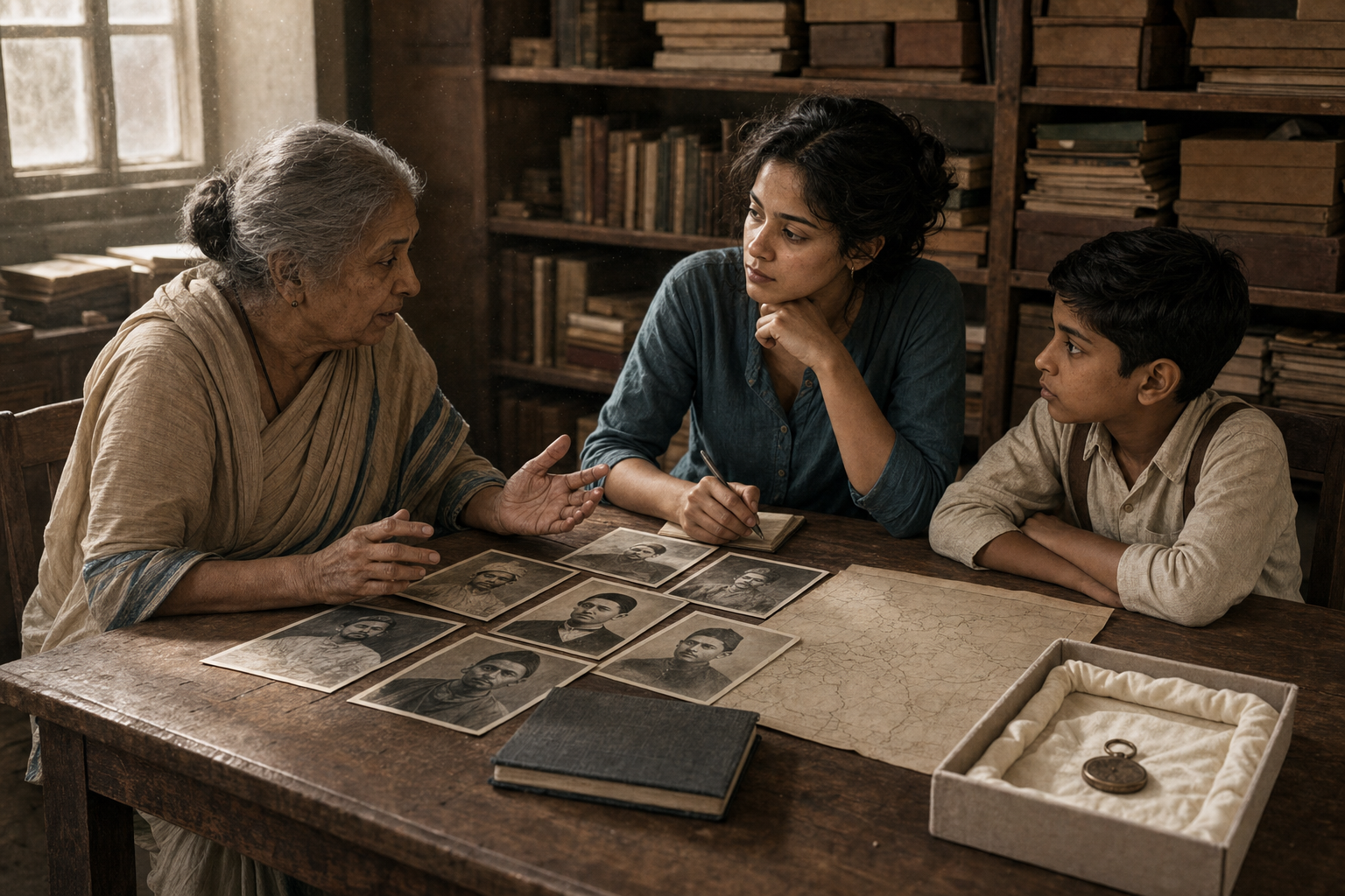 An elder, a researcher, and a student examine unlabeled historical photographs and artifacts together at an archive table.