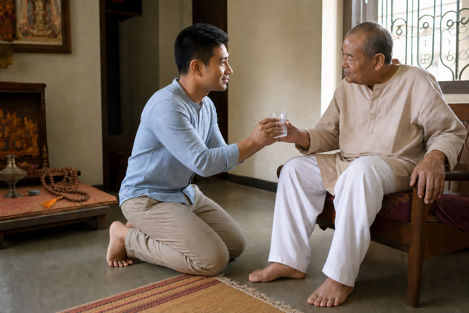 After setting aside prayer beads, a practitioner attentively offers a glass of water to an older family member.