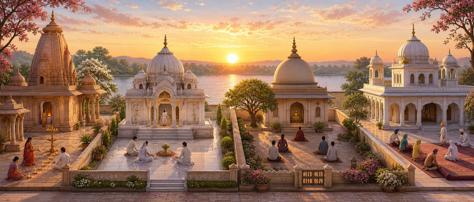 Distinct Hindu, Jain, Buddhist, and Sikh worship spaces stand along the same riverbank as separate groups observe dawn in different ways.
