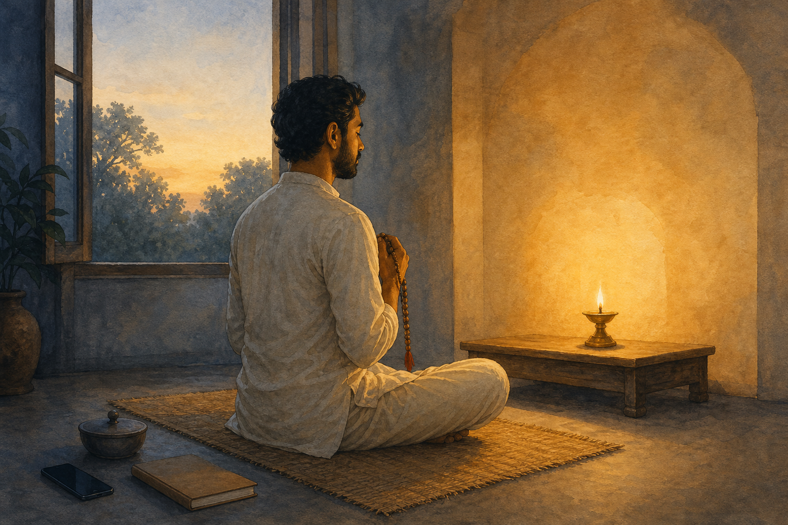 A seated practitioner holds prayer beads at dawn before a small oil lamp while a phone, bowl, and notebook remain at the edge of the room.