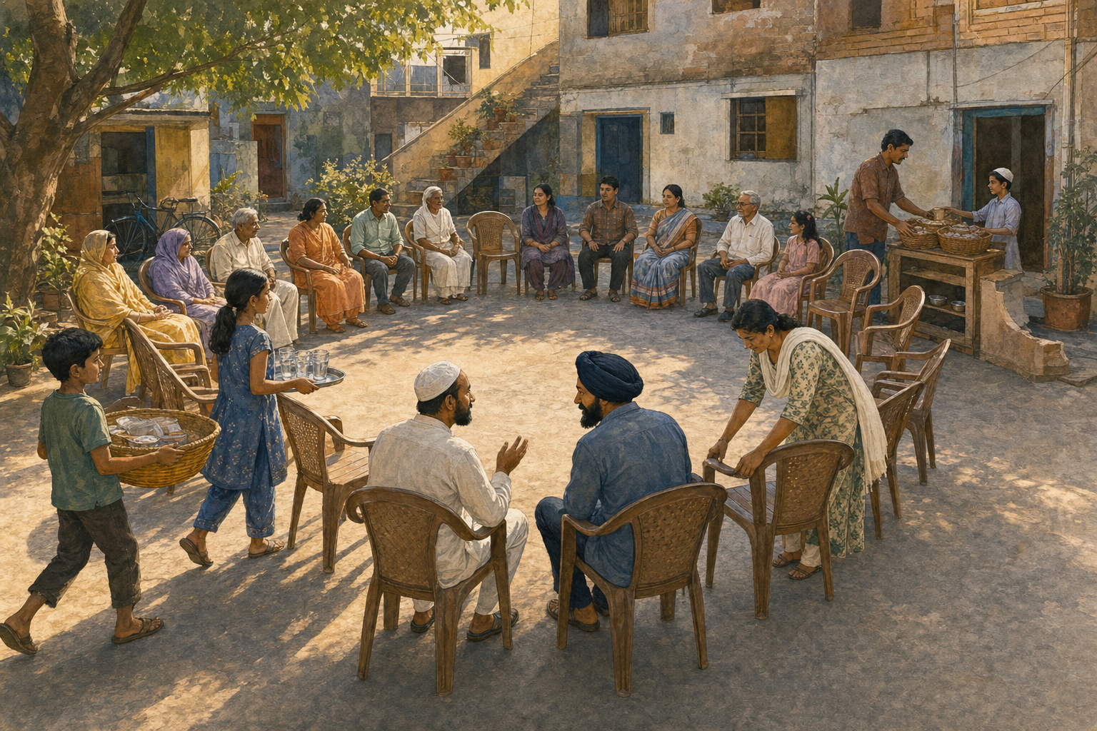 Neighbors of different ages and faith backgrounds arrange equal seating and share supplies in an Indian courtyard without a raised platform.
