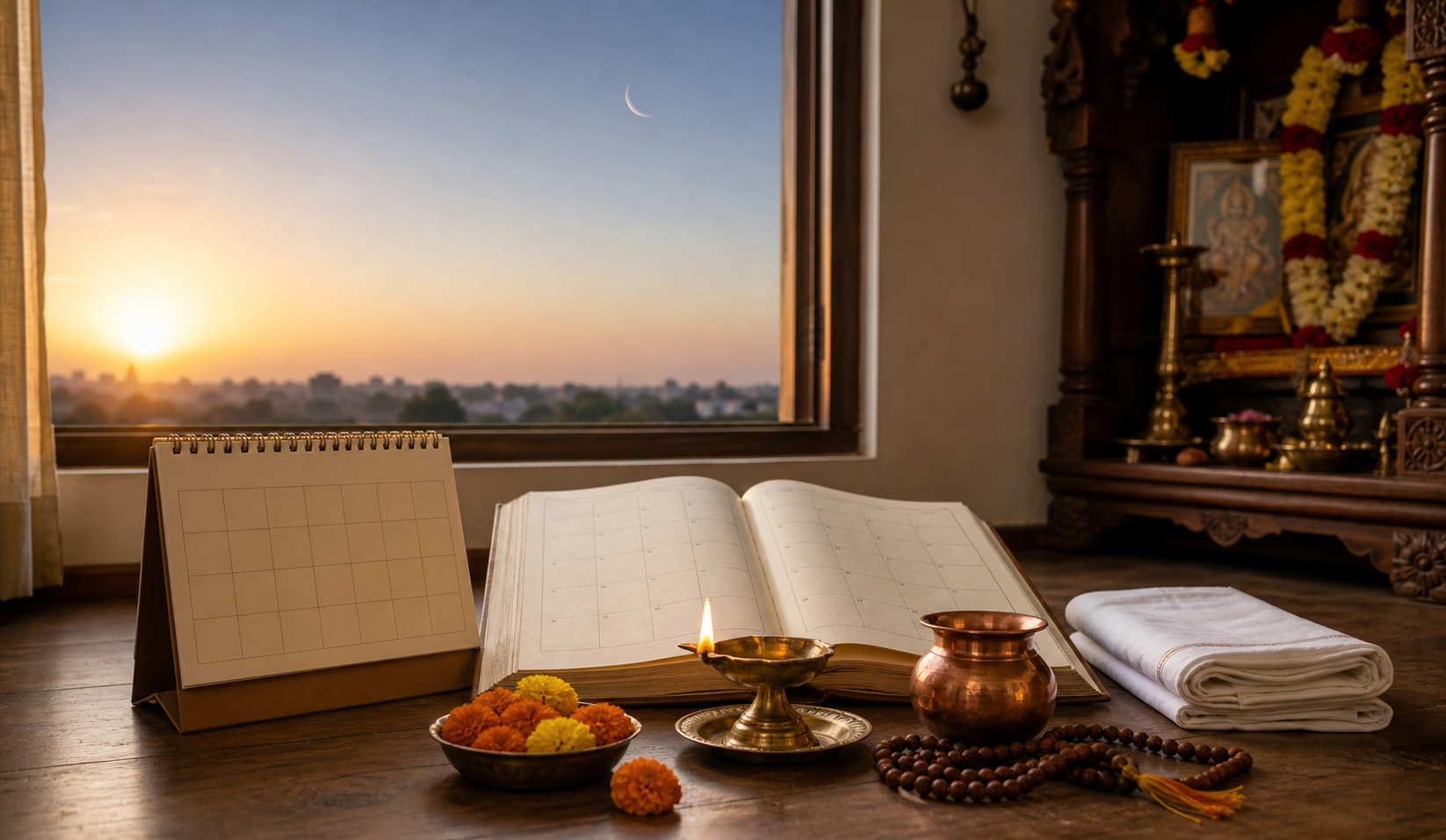 A traditional panchanga and a blank desk calendar lie beside a brass lamp, copper vessel, prayer beads, marigolds, and a home shrine at dawn.