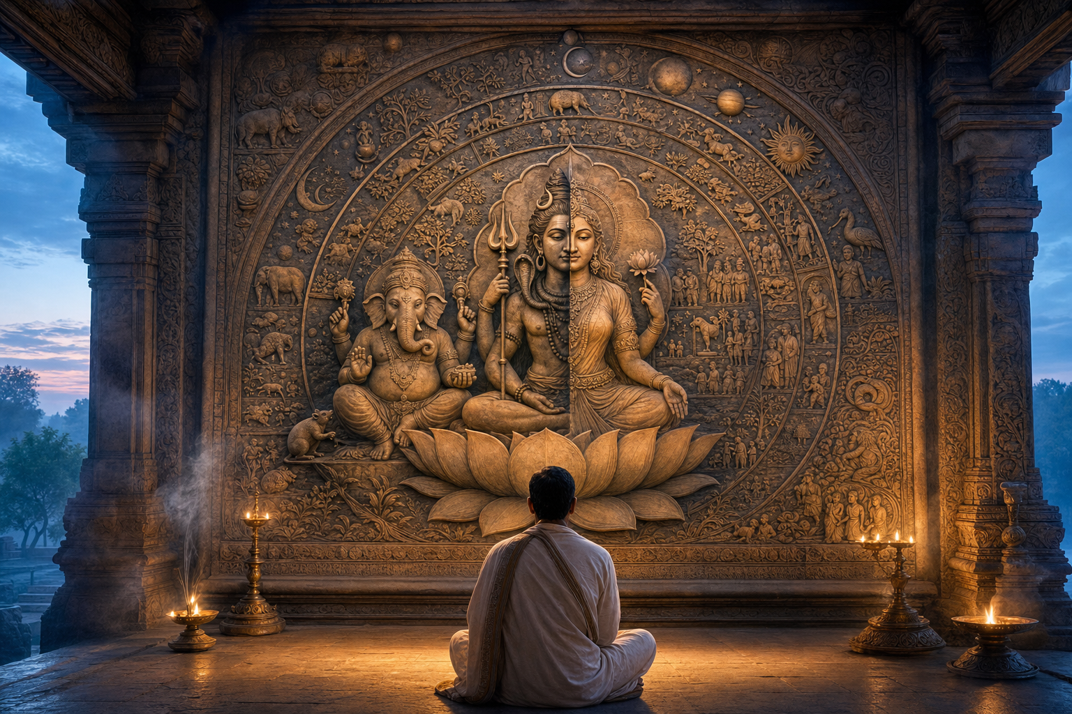 A reader in a lamp-lit temple studies a carved tableau of Ganesha, an integrated Shiva-Parvati form, and a lotus surrounded by cosmic and natural motifs.