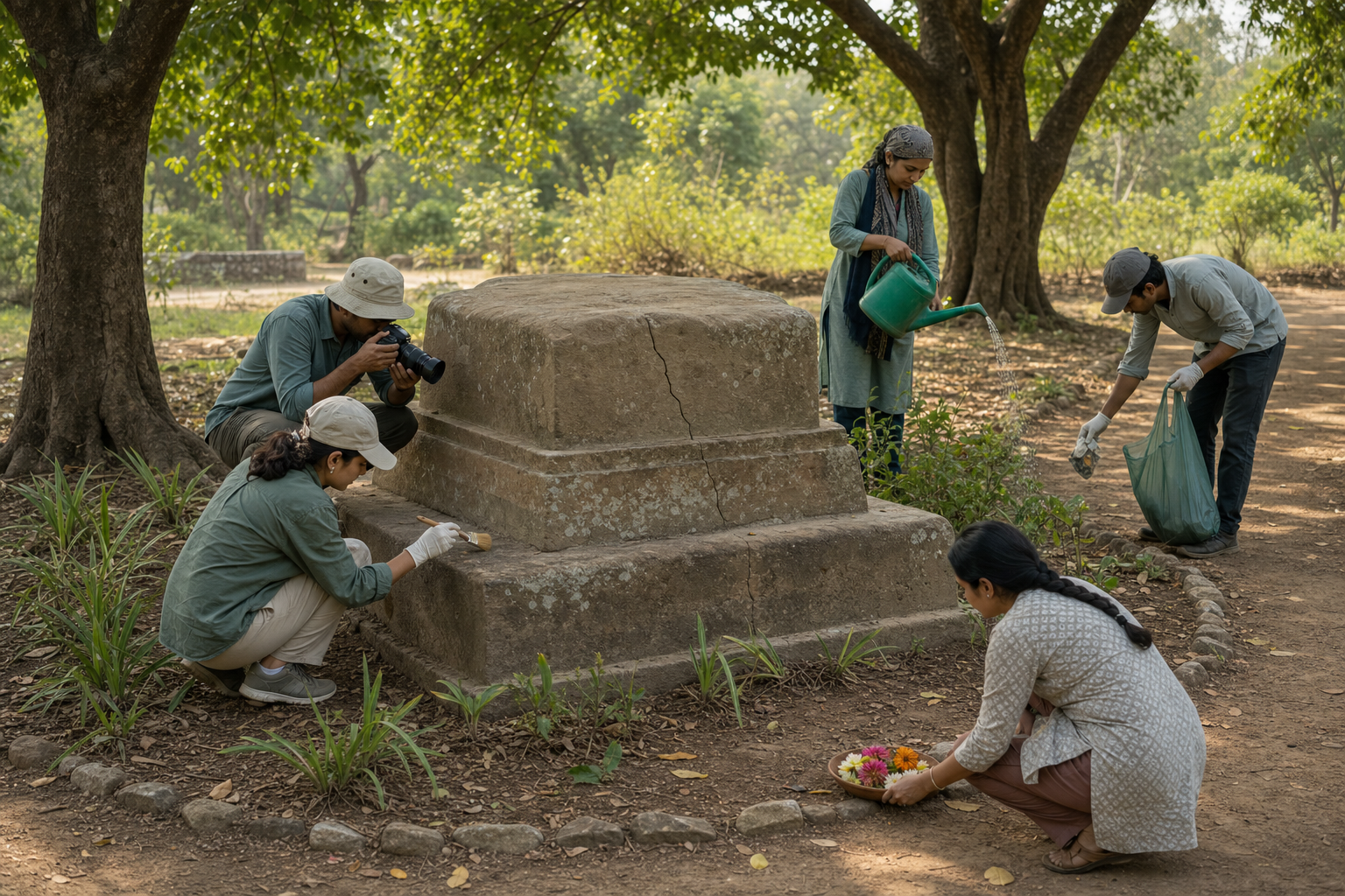Volunteers and a conservator gently clean and document a weathered stone memorial while another visitor leaves flowers nearby.