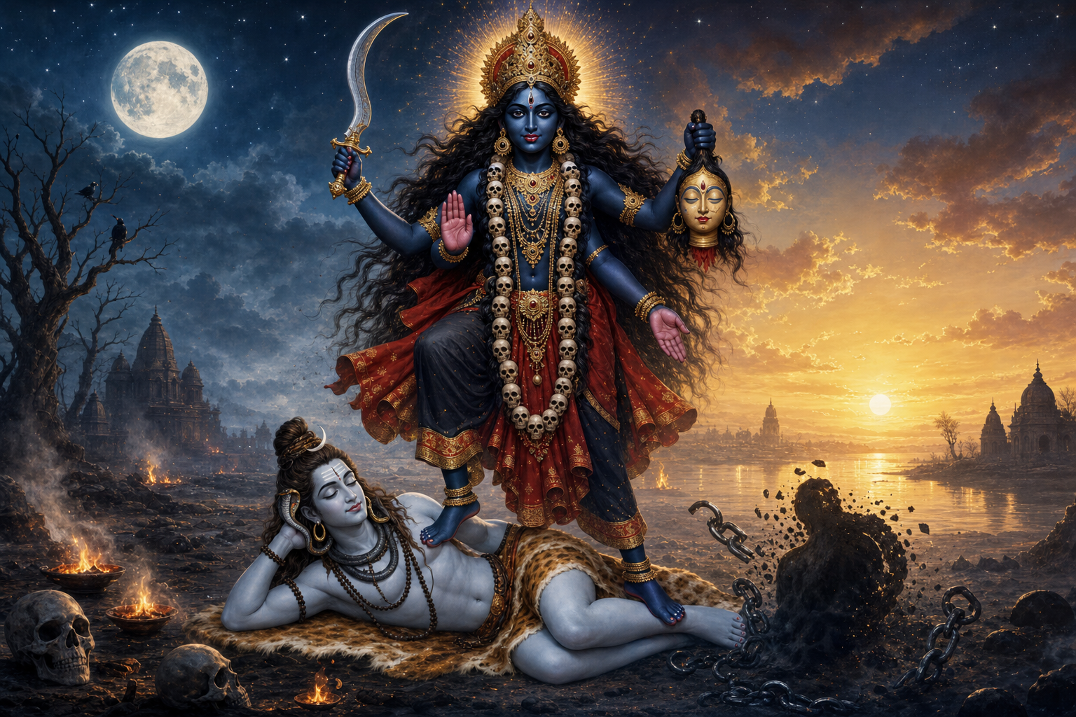 Four-armed Kali stands over a calm Shiva in a moonlit cremation ground, holding a sword and severed head while making protective and blessing gestures.