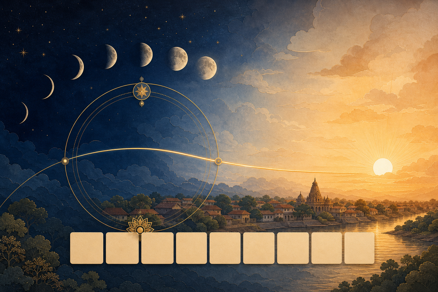 A lunar cycle motif overlaps blank calendar squares above an Indian town as night changes into sunrise.