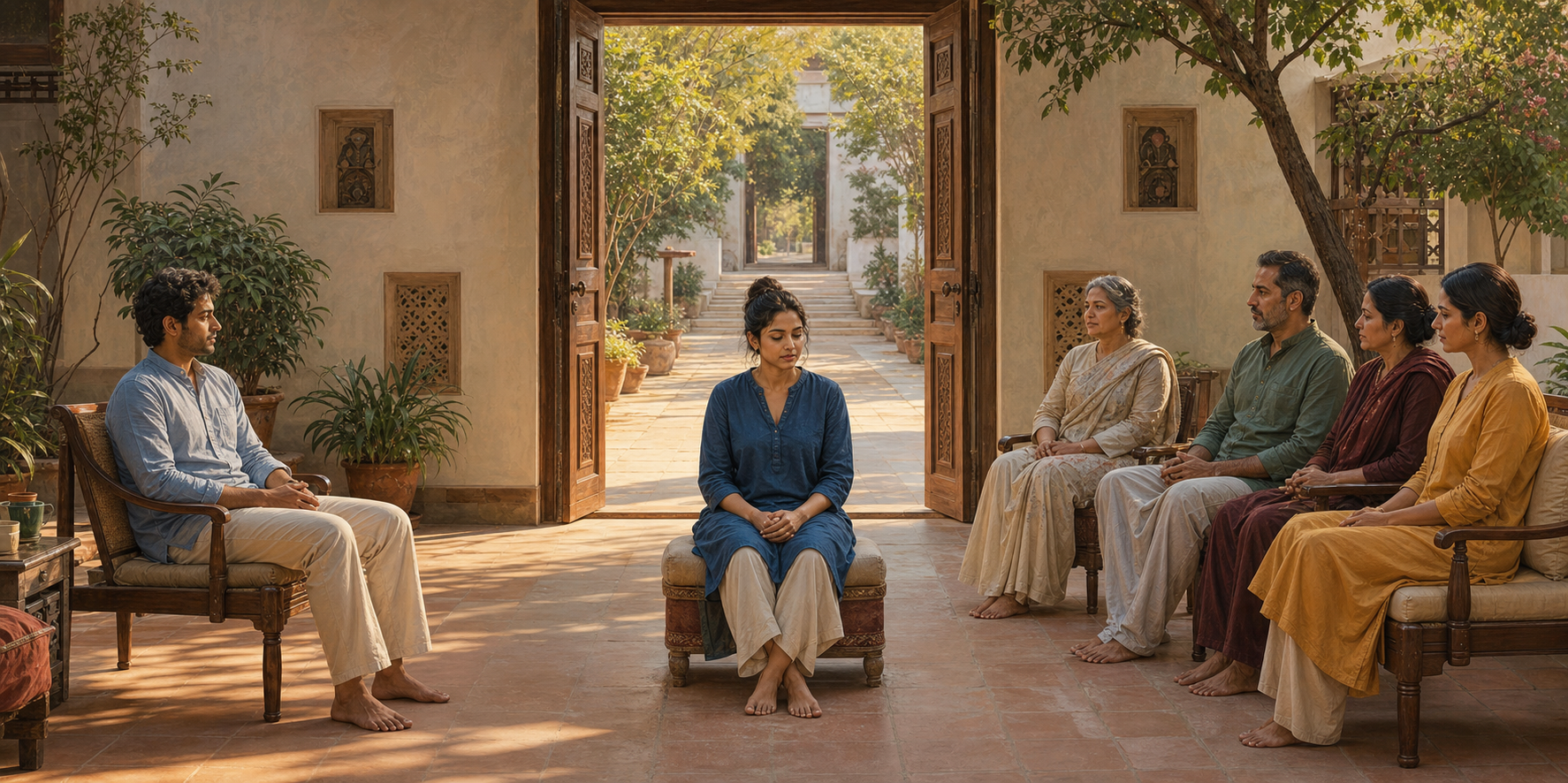 A South Asian adult sits between a partner and gathered family members in a sunlit courtyard, with open space and an unobstructed doorway behind them.