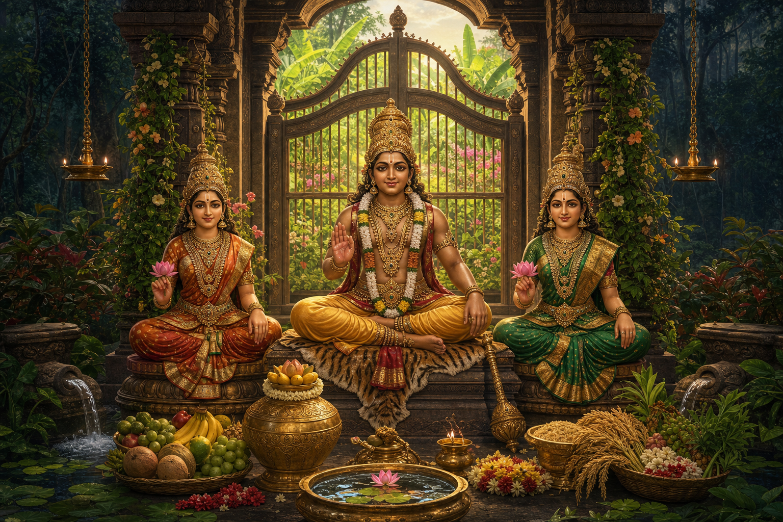 Adhi Maha Sastha sits between Purna and Pushkala at a forest-temple gateway surrounded by lotuses, grain, fruit, water, and young plants.